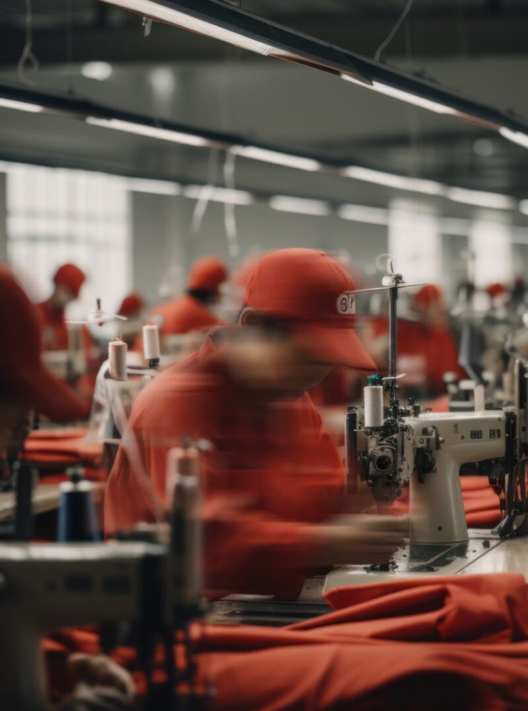 Blurred warehouse factory, illegal labour exploitation in sweatshop manufacturing concept.